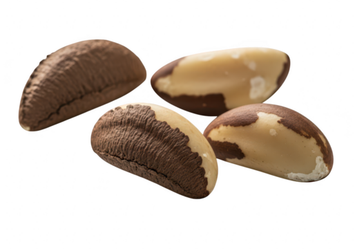 A closeup of four brazil nut, showcasing their unique shape and texture, highlighting their nutritional value isolated on transparent background
