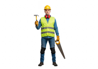Full length portrait of a construction worker isolated on transparent background, wearing safety gear and holding tools, ready for work