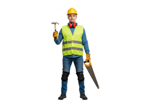Full length portrait of a construction worker isolated on transparent background, wearing safety gear and holding tools, ready for work