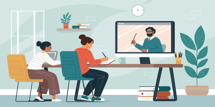 Students enthusiastically studying online with a teacher on a screen, creating a vibrant and engaging learning environment at home, originally vector graphics - Powered by Adobe
