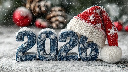 Ultra-real 3D snow-text "2026" topped with Santa hat, icy-blue theme & falling snowflakes—New-Year card, e-banner or social header ready