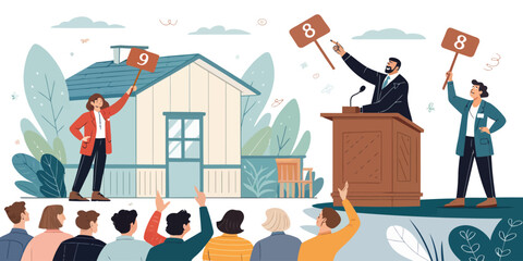 Exciting real estate auction event featuring a house, spirited bidding, and a lively crowd eager to buy property, potential investment opportunity shown