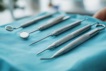 stainless steel dental instruments including mirrors, probes and scalers arranged on a blue dental bib, conveying a clean clinical and professional atmosphere