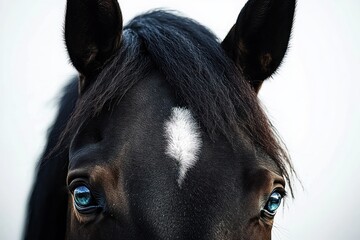 close-up portrait of a black horse with a white star on its forehead and piercing blue eyes, ears pricked, soulful curious calm gaze