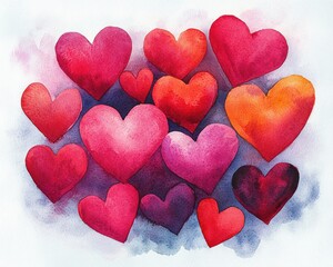 Obraz premium Cluster of hand-painted watercolor hearts in warm reds, pinks and oranges over a soft blue wash conveying love and joyful affection