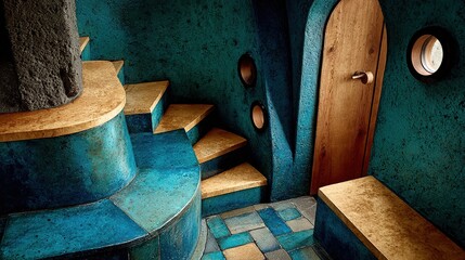 Wood-blue spiral stair aerial view, Zumthor-like light & texture—perfect for expo panel, magazine spread or brand key-visual