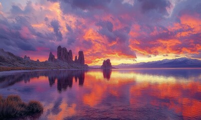 Vibrant purple and orange sunset over a calm lake with towering rocky spires, distant snow-capped mountains and grassy shoreline reflected in shimmering water, serene and majestic