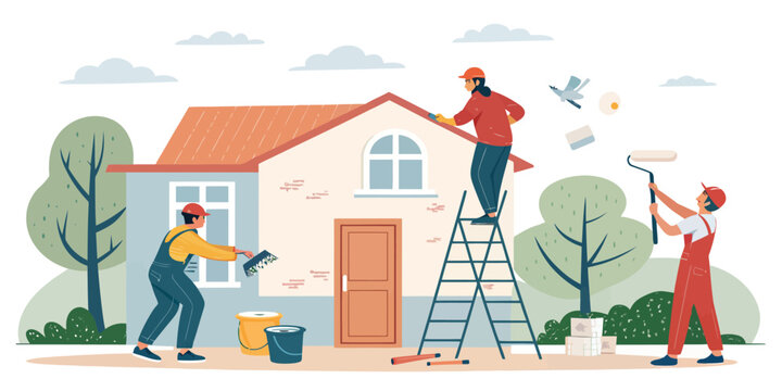 Professional home improvement team painting a house, skilled contractors working together on exterior, vibrant residential project for real estate appeal - Powered by Adobe
