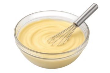 Creamy yellow batter mixing in a transparent glass bowl with a metal whisk, preparing sweet or savory food ingredients