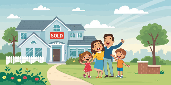 Happy family celebrates buying new home with sold sign, representing achievement of dream, modern family lifestyle, homeownership journey, new beginnings, property success