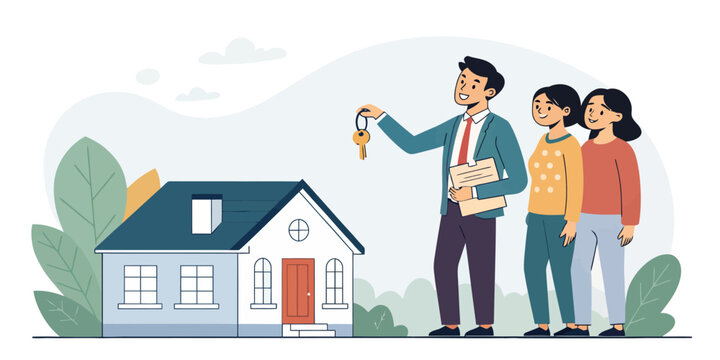 Excited couple receiving house keys from friendly real estate agent, dreaming of homeownership and a bright future together in their new property