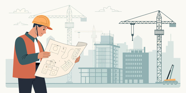 Architect reviewing construction blueprint plans at building site, planning urban development for city landscape, visualizing success for future growth