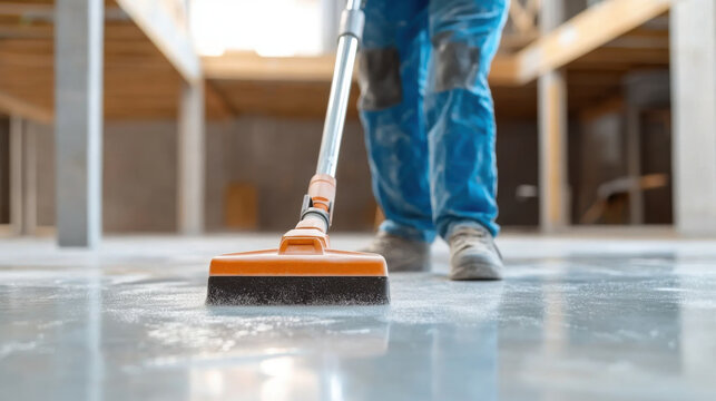 worker cleaning a floor with a vacuum, demonstrating cleanliness and attention to detail in a construction site