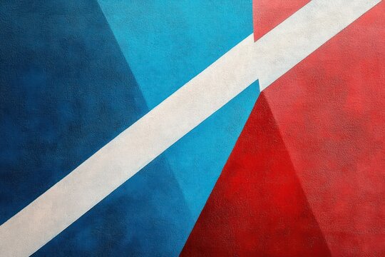 textured geometric wall mural with a diagonal white stripe dividing blue and red triangular planes, bold and dynamic