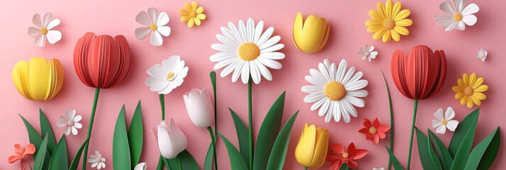 Paper cut flowers daisies and tulips on blue background