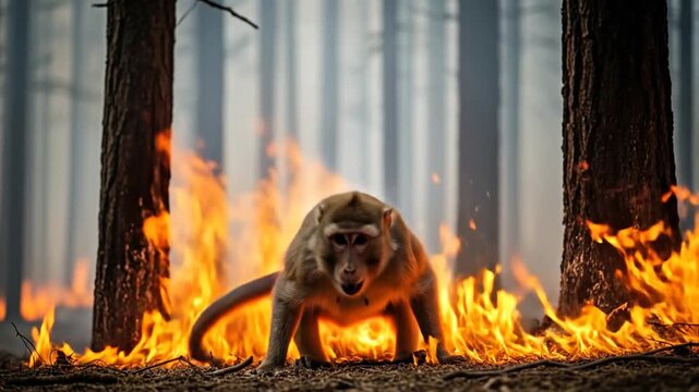 Monkey stares bewildered as wildfire engulfs trees in a dramatic forest escape