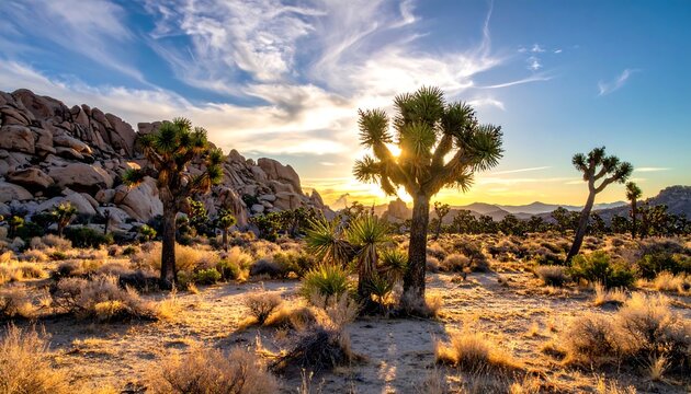Desert landscape with spiky trees, rocks, and bright sunset