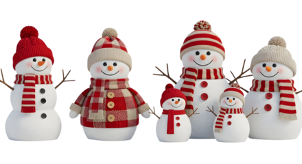 A group of five cheerful snowmen wearing knitted hats and scarves, standing together on a transparent background