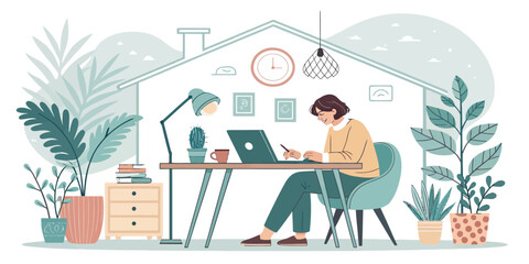 Woman working remotely at desk surrounded by plants, focused and productive in her home office, enjoying the quiet comfort of her personal workspace