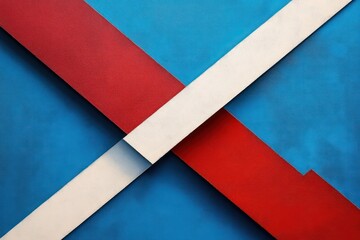 red and white diagonal bands crossing over textured blue background, bold dynamic geometric composition conveying energy and contrast
