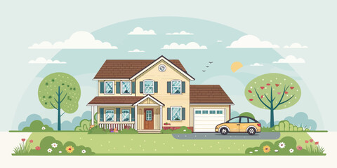 Dream home with yellow car and blooming garden, a perfect suburban lifestyle illustration, conjuring feelings of peace, family, and the American dream
