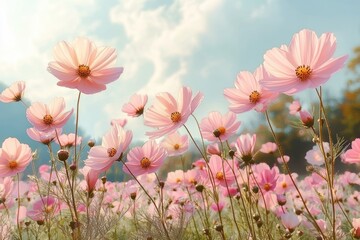 sunlit field of pink cosmos flowers swaying above green stems under a bright blue sky with soft clouds, evoking a peaceful, dreamy, uplifting mood