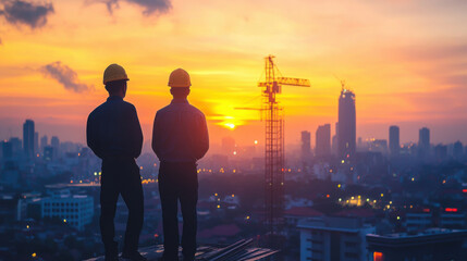 two engineer on working site , engineer and tower cranes at construction site and city