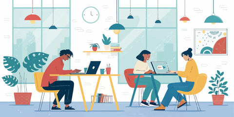 Team collaboration in a vibrant modern office setting, diverse professionals working together at desks, brainstorming ideas, dynamic work environment, productivity