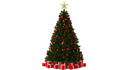 A decorated christmas tree with red ornaments and presents at its base, isolated on a transparent background