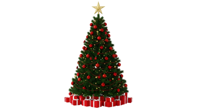 A decorated christmas tree with red ornaments and presents at its base, isolated on a transparent background