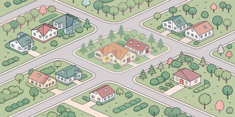 Obraz premium Charming suburban neighborhood showcases peaceful residential living with cozy houses and lush green landscapes, perfect for real estate or community planning