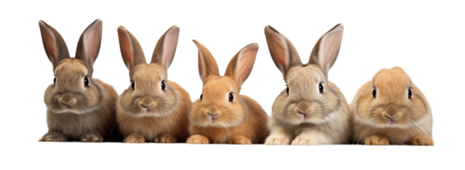 Five Brown & Tan Bunnies Lined Up on White: Small Domestic Rabbits on transparent background png