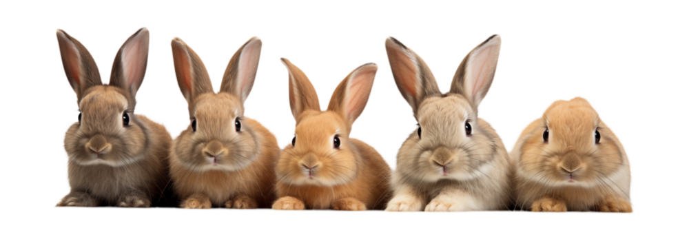 Five Brown & Tan Bunnies Lined Up on White: Small Domestic Rabbits on transparent background png