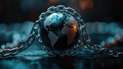 small globe wrapped in heavy metal chains on a wet reflective surface with moody blue and orange lighting, conveying confinement and tension
