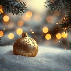 golden glitter ornament resting in fresh snow beneath frosted pine branches with warm glowing bokeh lights, peaceful festive mood