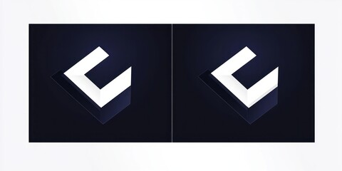 two side-by-side panels with a floating angular white 3d geometric corner shape over a dark radial gradient background, sleek minimalist and futuristic mood