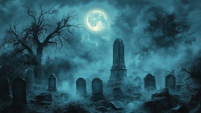 Moonlit foggy graveyard with weathered tombstones, a tall monument and gnarled leafless trees beneath a glowing full moon, creating an eerie, haunting and mysterious atmosphere