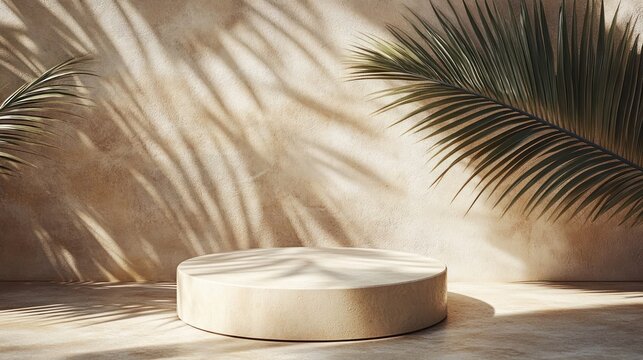 Round stone pedestal on textured plaster backdrop framed by palm fronds and dappled sunlight, creating a warm serene tropical minimalist scene - Powered by Adobe