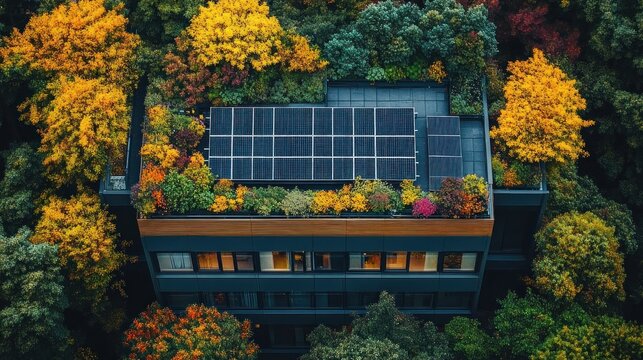 Aerial view of a modern apartment building with rooftop solar panels and a lush rooftop garden surrounded by vibrant autumn trees, conveying a serene sustainable vibe
