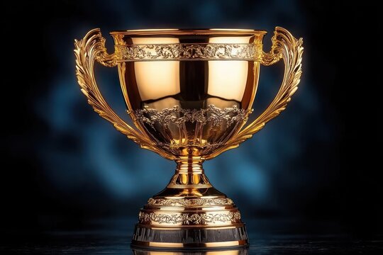 Ornate golden trophy cup with decorative laurel handles and engraved base on a dark smoky background, gleaming symbol of victory and prestige