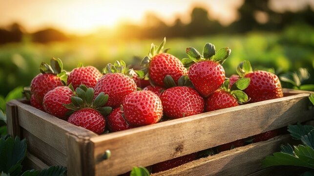 Sunlit wooden crate overflowing with fresh ripe strawberries among green leaves in a field at golden hour, warm rustic and inviting summer harvest