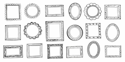 Collection of hand drawn sketchy picture frames in various shapes and decorative styles