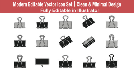 Flat 2D vector icon set featuring ten unique binder clip styles in clean minimal modern graphic design