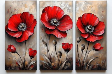 Three-panel painting of large red poppy blossoms, buds and slender stems on a textured neutral canvas evoking bold, dramatic floral elegance
