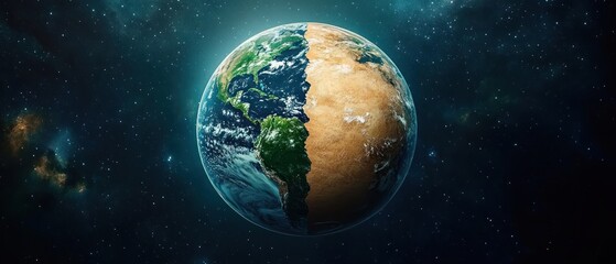 Planet split between lush blue green continents and a barren desert half, floating in starry space, evoking urgency and environmental concern