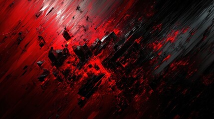 Exploding red and black geometric shards and fragmented floating cubes amid diagonal streaks and a glowing core, conveying intense chaotic energy