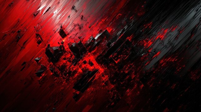 Exploding red and black geometric shards and fragmented floating cubes amid diagonal streaks and a glowing core, conveying intense chaotic energy