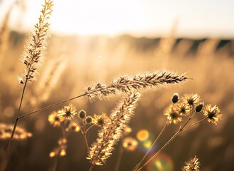 Macro photography of dry wheat grass and wildflowers.