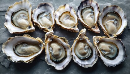 Ten fresh raw oysters in pearly shells on crushed ice, arranged in two neat rows, glistening and briny, evoking a cool, elegant and appetizing seafood presentation