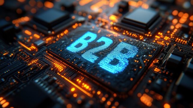 Close-up of a glowing circuit board with central b2b chip, illuminated blue lettering and warm orange traces conveying high-tech energy and futuristic intensity